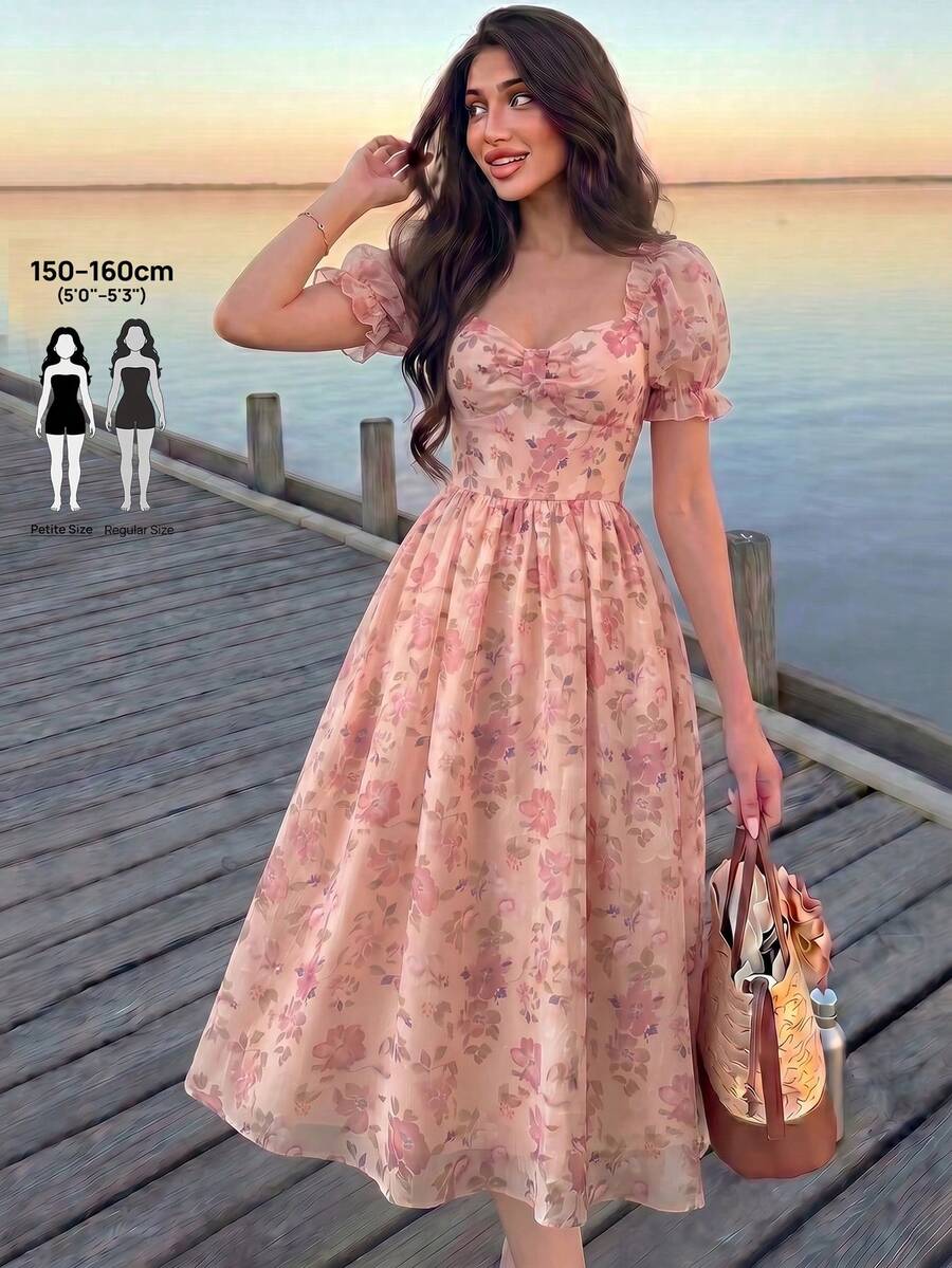 Modelyn Petite 女士春夏编织镂空腰部A字优雅浪漫花瓣袖中长连衣裙 - 彩色 - 查看 1