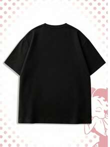 ROMWE MEN Betty Boop | ROMWE Men's Letter Cartoon Print Crew Neck Short Sleeve Casual Versatile T-Shirt - Black - View 2