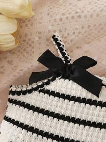 SHEIN Gaun Bayi Perempuan Bergaris dengan Hiasan Pita dan Tali Bahu - Hitam dan Putih - View 5