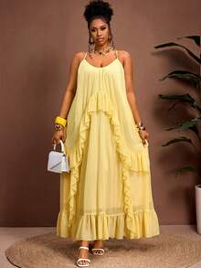 Truni Plus Size Loose Ruffled Strap Dress For Summer Vacation, For Pear And Triangle Wedding Guest Butter Yellow Elegant - Orange - View 3