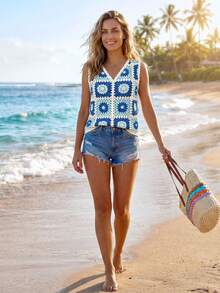 Sylviya Casual Women's V-Neck Crochet Sleeveless Vacation Knit Top - Blue - View 6