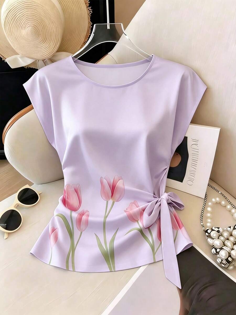 SHEIN Franclia 新款女款圓點緞面T恤 - 淡紫色 - 查看 1