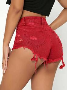 SHEIN PETITE 夏季休閒破洞牛仔短褲，適合嬌小女性 - 紅色 - 查看 2