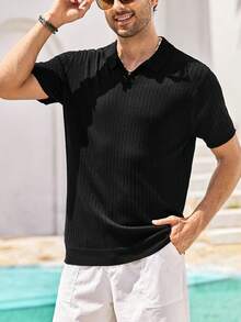 Mercer Haus Men's Ribbed Airplane Collar Polo Knit Shirt, Short Sleeve, Summer Fashion - Black - View 7