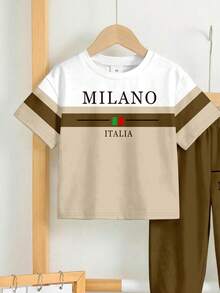 2pcs/Set Baby Boys' Loose Casual Sports Short Sleeve T-Shirt And Pants Set, Suitable For Spring & Summer. Classic Cool Colorblock Graphic Print, Milan City Name And Italian Text Print, Suitable For Campus, Spring & Summer - Multicolor - View 5