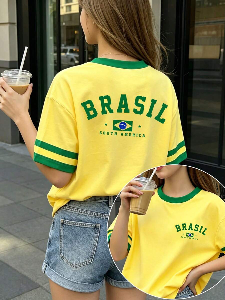 SHEIN [1件]青少年女孩，美式復古/運動休閒/街頭風/學院風黃色底綠色滾邊對比短袖，搭配巴西國旗字母印花，適合春、夏、秋季日常出遊、校園穿搭、休閒旅行。