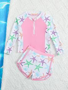 SHEIN 少女坦基尼比基尼吊帶泳衣套裝，淺粉色對比色海星印花，高彈性親膚防曬面料，柔軟光滑，兩件組含前開拉鍊長袖防曬上衣與同款印花平口泳褲，清新海洋風，適合少女游泳、海邊度假、夏季泳池玩水、時尚休閒、精緻，適用於游泳、暑假、海灘、海濱、泳池、夏季假期派對、休閒度假 - 淺粉色 - 查看 3