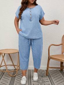 SHEIN EMERY ROSE CURVE 女款寬鬆大尺碼單排扣短袖牛仔上衣與長褲兩件套 - 藍色 - 查看 5