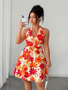 Elenzga Plus Size Casual Dopamine Ditsy Floral V-Neck Tie-Up Sleeveless Maxi Dress, Suitable For Beach, Vacation, And Summer Dates - Coral Orange - View 1