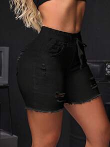 SHEIN SXY 女士做旧毛边口袋抽绳腰时尚牛仔短裤 - 黑色 - 查看 4