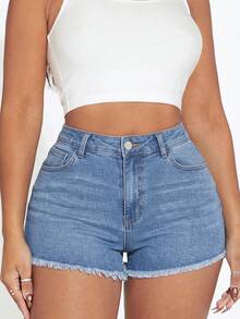 SHEIN SXY Celana Pendek Denim Pinggang Tinggi Ukuran Plus Wanita - Medium Wash - View 2