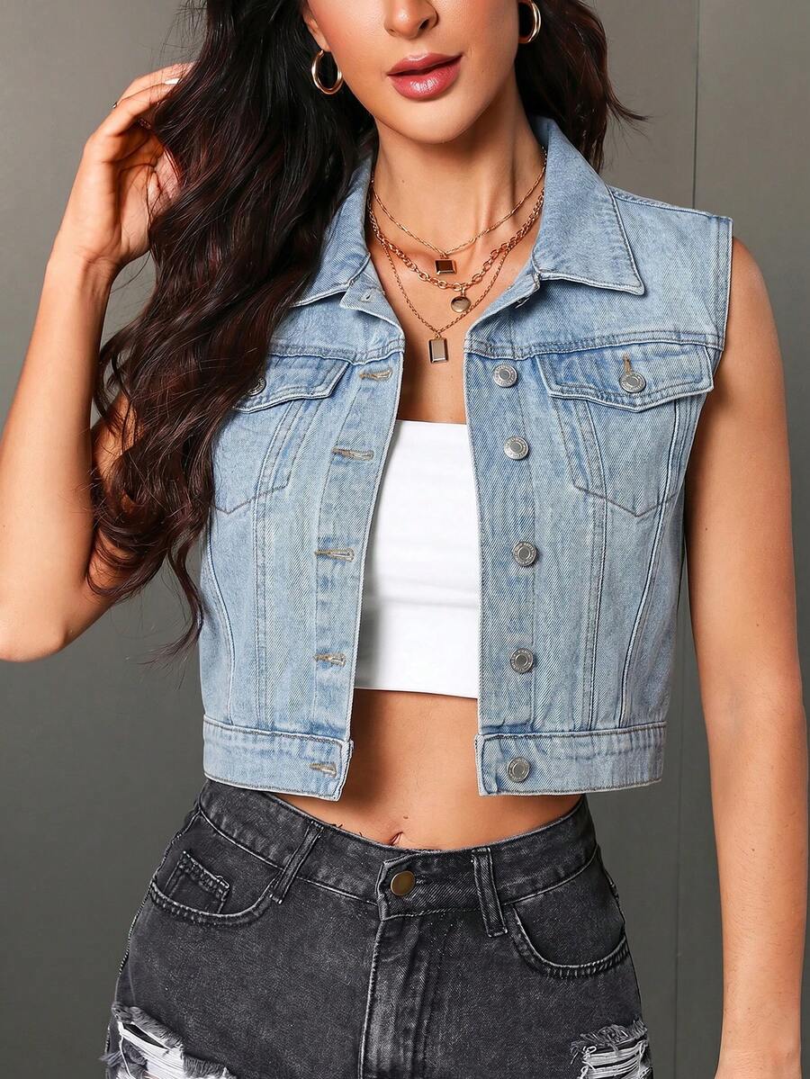 SHEIN Essnce 女款翻領單排扣翻蓋口袋短版無袖牛仔外套 - 淺色水洗藍 - 查看 1