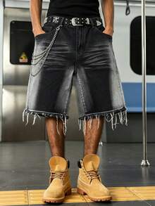 Manfinity EMRG Frayed Hem Denim Shorts - Black - View 3