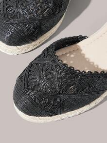 Styleloop 女款麻繩草編粗跟黑色編織腳踝綁帶露跟楔形跟鞋涼鞋 Pomessian 風格 - 黑色 - 查看 6