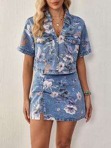 Breezaya Women's Floral Print Short Sleeve Top And Denim Skirt Set - Blue - View 3
