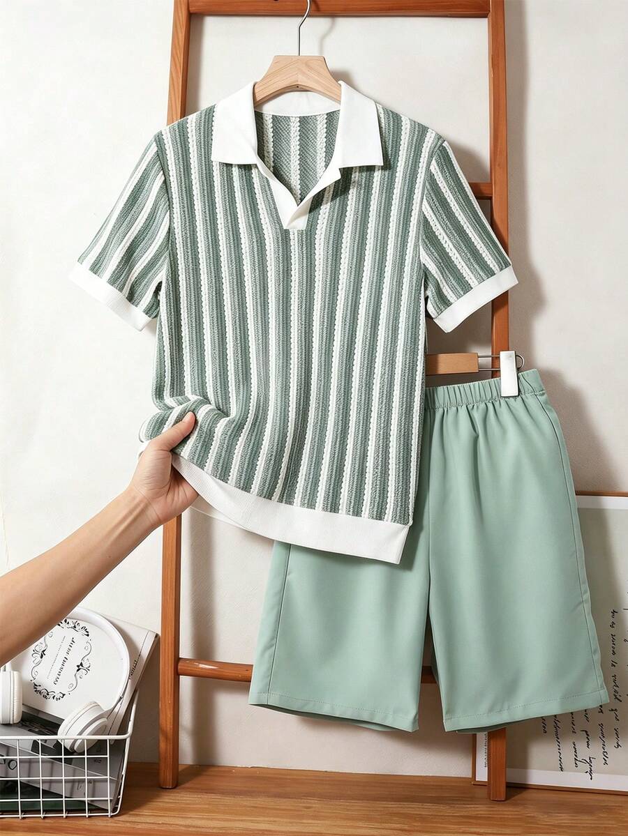 2pcs Tween Boys Spring/Summer Casual Preppy White & Red Striped Polo Shirt & Red Woven Shorts Set, Suitable For Summer Outdoor Outings - Green - View 1
