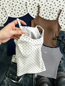 [Random 4 Vest, Send 1 Vest]Maillard Color Palette, Vintage Polka Dot Print Pattern, Tween Girl Casual Simple Spaghetti Strap Fitted Tank Top Summer - White - View 3