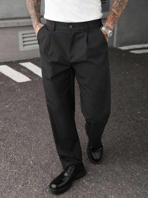 Manfinity CasualCool 男士素色百褶口袋直筒休閒西裝長褲，適合儀式、正式場合