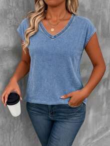 EMERY ROSE Women's V-Neck Short Sleeve T-Shirt, Summer Casual Outdoor Top, Fashion Graphic Texture Print, Suitable For Daily, Outdoor, Shopping, Travel Multi-Functional Wear, Plus Size T-Shirt Top - Multicolor - View 3