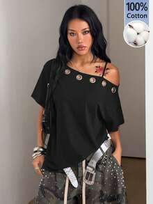 Coolane 女款秋季街頭風 Y2K 骷髏圖案萬聖節出遊寬鬆黑色 T-shirt - 黑色 - 查看 3
