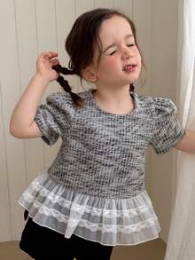 DAZY Blus Pullover Leher Bulat Motif Patchwork yang Mengencangkan Pinggang untuk Anak Perempuan Musim Panas - Hitam dan Putih - View 5