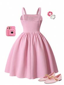 SHEIN Elladie kids 女童优雅纯色3D珍珠蝴蝶结吊带裙，腰部褶皱设计，新款春夏款，适合外出、聚会、旅行、度假 - 粉色 - 查看 2