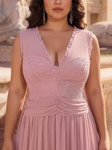 Aureia Plus Size Elegant Formal Dusty Pink Deep V-Neck Lace Patchwork Elastic Mesh Dress Trim A-Line For Prom Party Evening - Dusty Pink - View 9