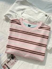 Comfortcana Plus Size Women Striped Short Sleeve Lace Hem Casual T-Shirt - Multicolor - View 3
