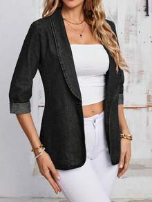EMERY ROSE Chaqueta de Mezclilla Lavada Casual Talla Grande - Negro - Ver 5