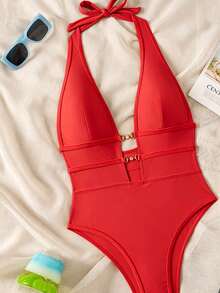 Swim SXY Springbreak 女款黑色深V掛脖性感一件式泳衣 節慶波西米亞風 - 紅色 - 查看 4