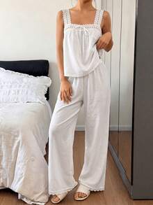 Napfluff White Embroidered Wide Strap Splice Bow Decor Jumpsuit Women Pajama Set - White - View 5