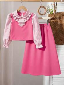 Conjunto casual de top y falda 2 en 1 con patchwork, volantes, rayas y manga larga para niña preadolescente - Rosa - Ver 12