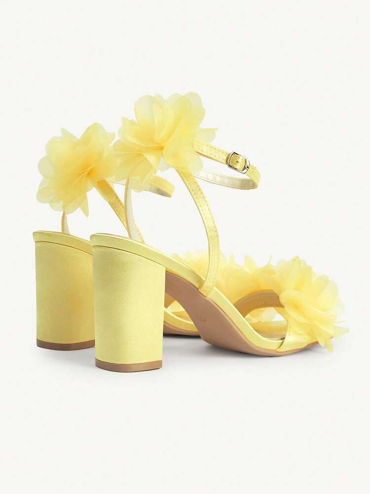 CUCCOO CHICEST Women Shoes Spring Summer Satin Mesh Three-Dimensional Flower Decor Buckle Strap Open-Toed Thick Heel Sandals, Dating Party Commuter Banquet Wedding