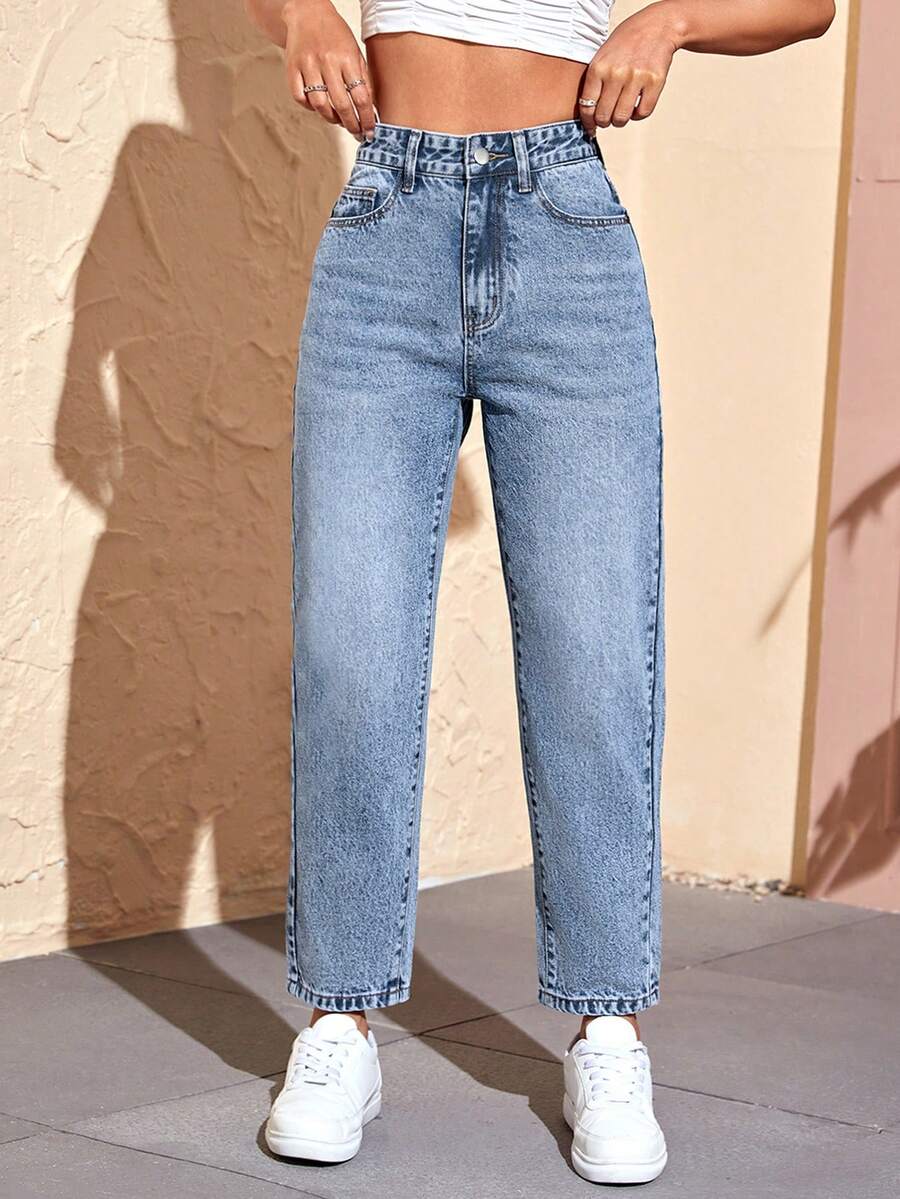 SHEIN PETITE بنطلون جينز دنيم مغسول بقصة ضيقة كاجوال للنساء الصغيرات - ازرق ضبابي - مشاهدة 1