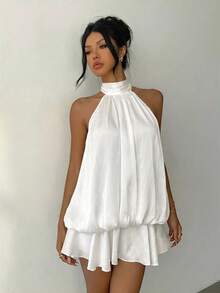 Vestido mini elegante de mujer con cuello halter y lazo en color amarillo claro - Gris - Ver 6