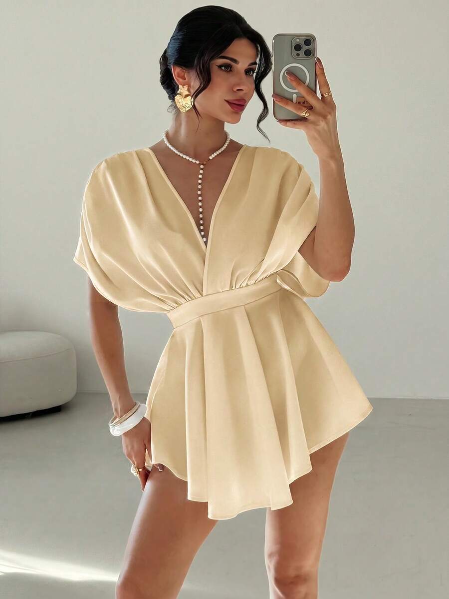 Firerie 女款休閒性感優雅不對稱迷你洋裝 情人節洋裝 生日派對 夜店沙灘約會 度假音樂祭穿搭 - 杏色 - 查看 1