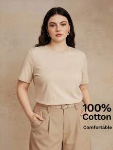 Anewsta Spring/Summer Minimalist Solid Color All-Match Versatile Plus Size Short Sleeve Comfortable Casual 100% Pure Cotton Women's Plus Size T-Shirt - Apricot - View 5