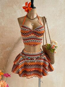 Soleia Orange Halter Top & Printed Mini Skirt Women's 2 Pieces Set Vacation - Multicolor - View 1