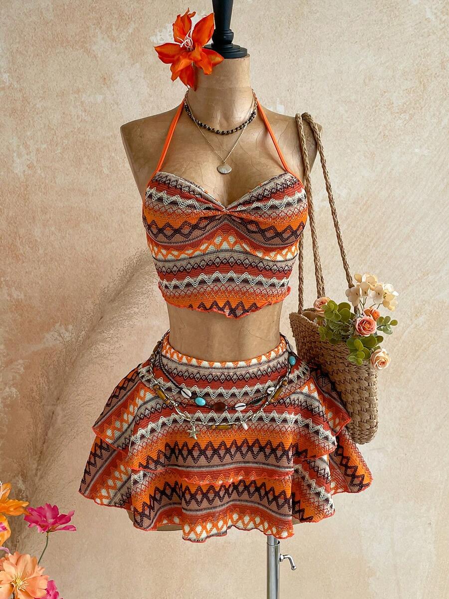 Soleia Orange Halter Top & Printed Mini Skirt Women's 2 Pieces Set Vacation - Multicolor - View 1