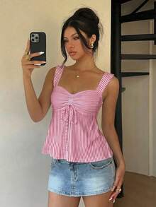 SHEIN 白色休閒女款抽繩細肩帶背心上衣，外出上衣，度假，可愛夏季上衣 - 彩色 - 查看 7