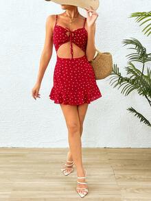 SHEIN SXY Mono con estampado de corazón con cordón delantero con abertura fruncido - Rojo - Ver 6