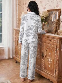 Modelyn 女士泡泡褶皱花卉印花长袖睡衣套装真丝两件套，冬季服装 - 白色 - 查看 2