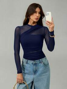 SHEIN Tall Bodysuit màu nâu cho nữ, áo lưới xuyên thấu tay dài nhún cổ giả, phù hợp cho tiệc cocktail, hẹn hò lãng mạn, lớp lót mùa đông - Màu xanh hải quân - Xem 7