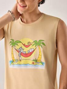 Strevion TOM & JERRY Men's Casual Versatile Beach Hammock & Coconut Tree, Tom And Jerry Element Printed Tank Top - Apricot - View 5