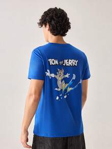 Strevion TOM & JERRY 男士简约汤姆滑雪图案印花圆领短袖T恤，夏季 - 寶藍色 - 查看 2