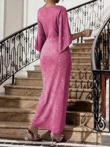 SHEIN Lady Women's Fuchsia Shimmering Plus Size Long Dress With Twist Front Detail - Hot Pink - View 2