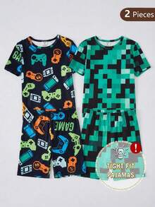 Teen Boys Slim Fit Loungewear Set, Crew Neck Short Sleeve T-Shirt And Shorts With Game Console Pixel Print, Made Of High Elastic Comfortable Fabric, Casual Home Gaming Wear For Spring And Summer - Multicolor - View 8
