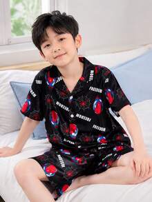 青少年男孩阻燃印花經典翻領開襟式黑色底紅頭白字蜘蛛網短袖上衣與彈性腰短褲睡衣家居套裝 - 黑色 - 查看 8
