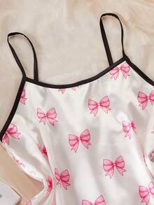 Girls Pajamas, White With Pink Bow Pattern Print, Comfortable Soft Satin Fabric Camisole Top And Shorts, 2 Pieces Loungewear Set - Multicolor - View 4
