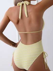 Swim Mod Women's Summer Beach Vacation One-Piece Swimsuit, Knitted Jacquard Fabric, Halter Backless Slimming High-Cut Yellow Tropical Coastal Sexy - Multicolor - View 7